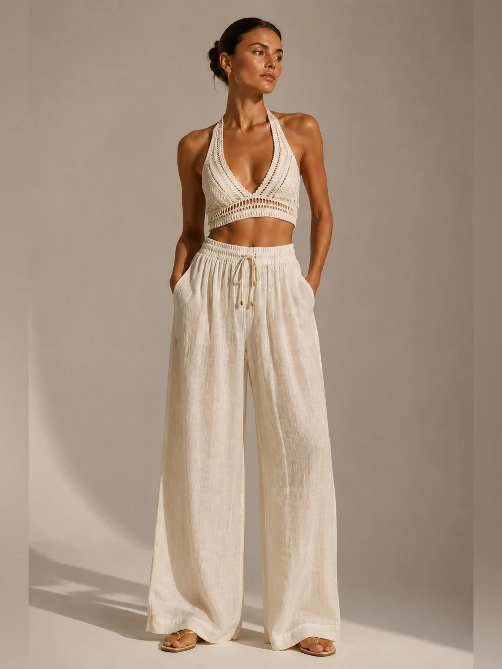 Robin Piccone Ivory Crochet Halter Bikini Top Resort Swim. Small
